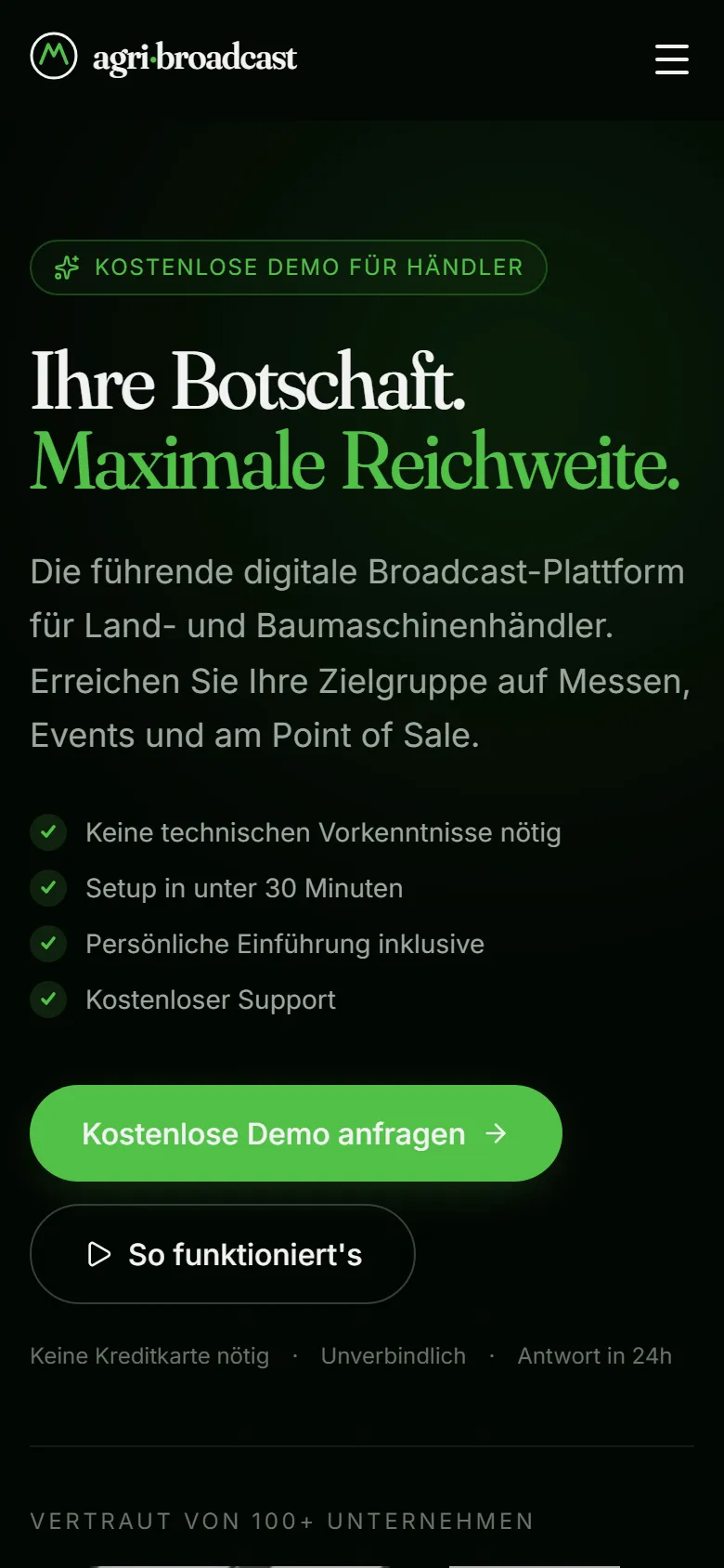 agri-broadcast Website als Beispiel einer betreuten Marke, mobile Ansicht