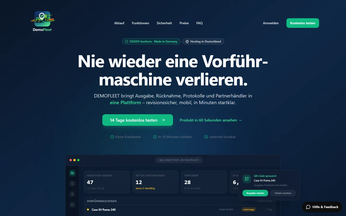 DemoFleet Startseite mit Belegungsplan für Vorführmaschinen