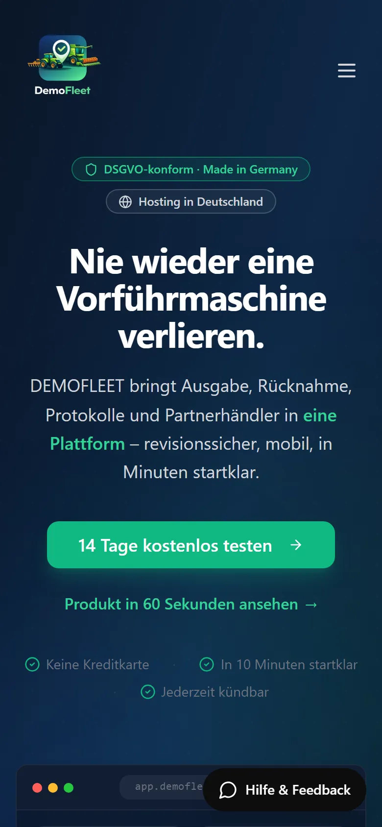 DemoFleet Startseite mit Belegungsplan für Vorführmaschinen, mobile Ansicht