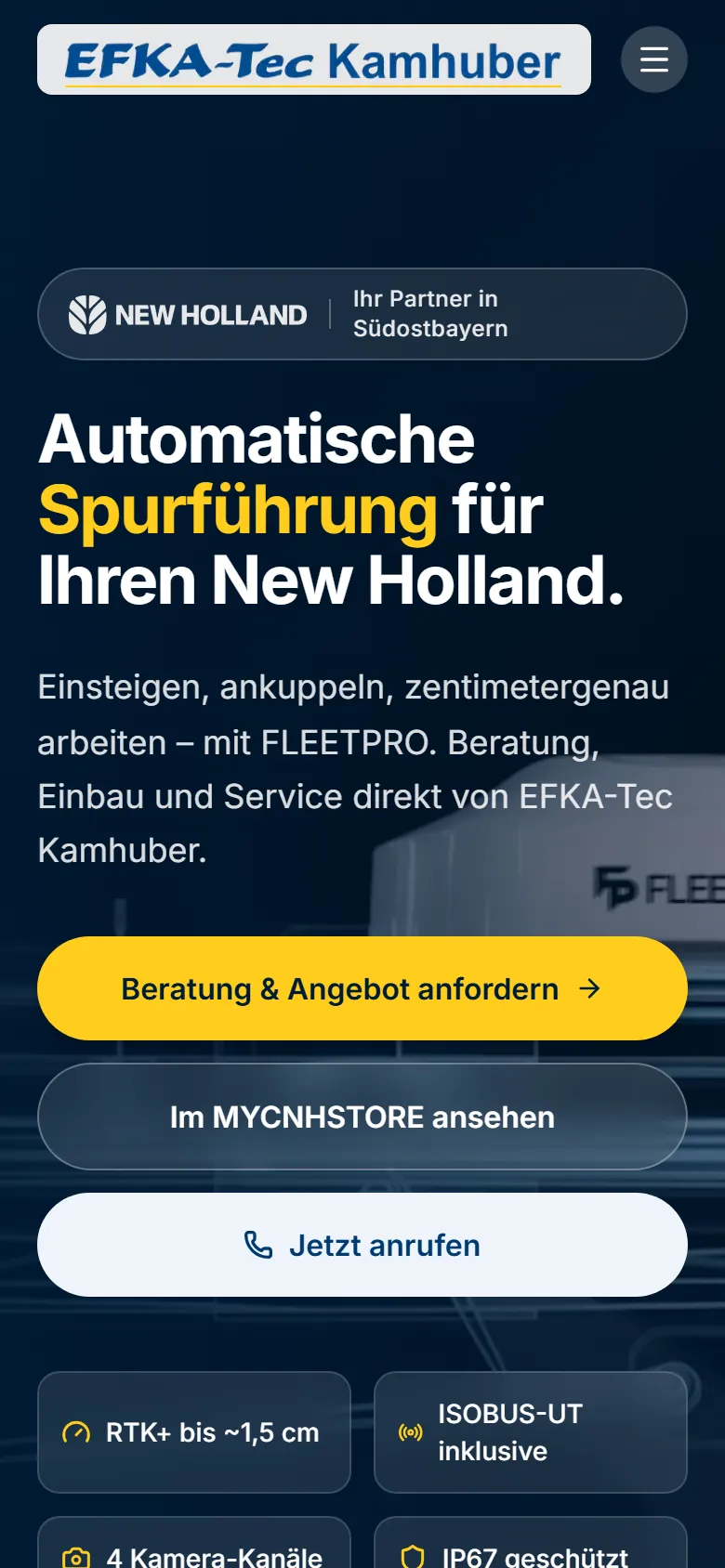 FleetPro Landingpage für Lenksysteme von EFKA-Tec, mobile Ansicht