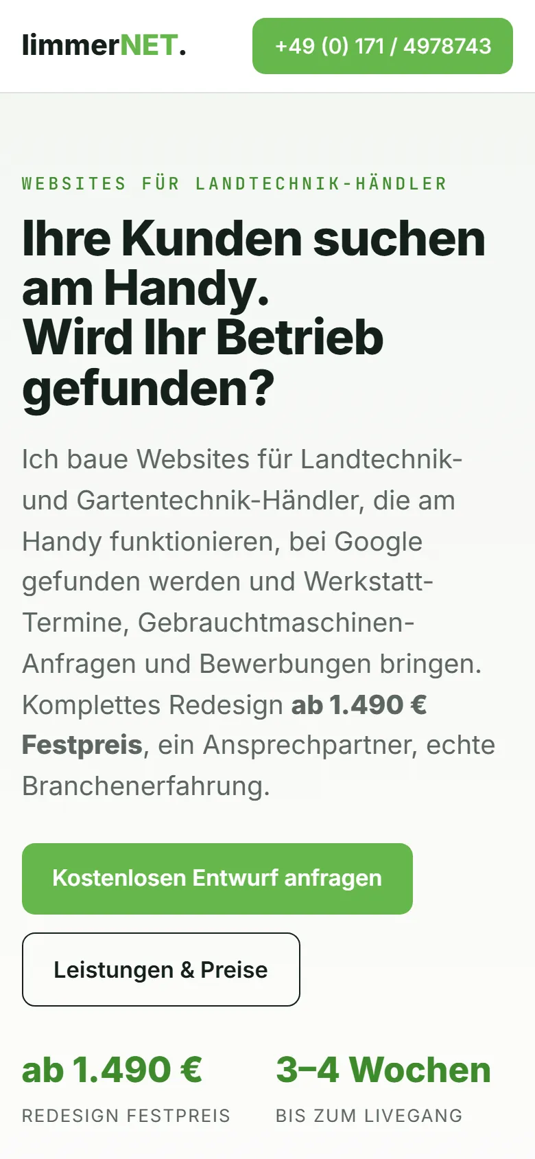 Kampagnen-Landingpage Landtechnik Bayern mit Sichtbarkeits-Check, mobile Ansicht