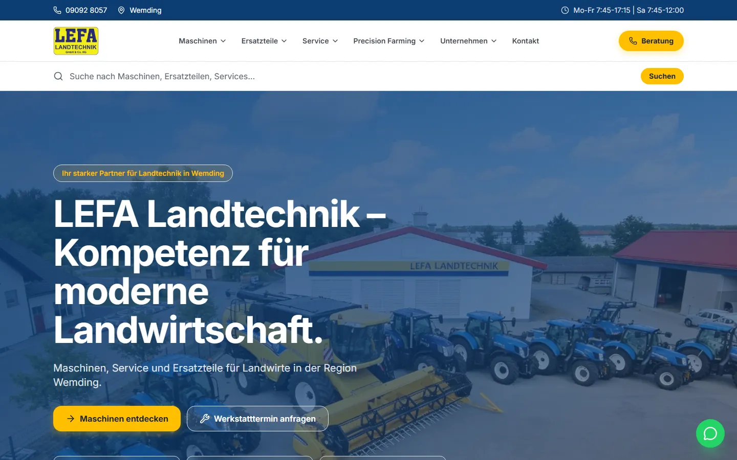 LEFA Landtechnik Website mit Produktübersicht