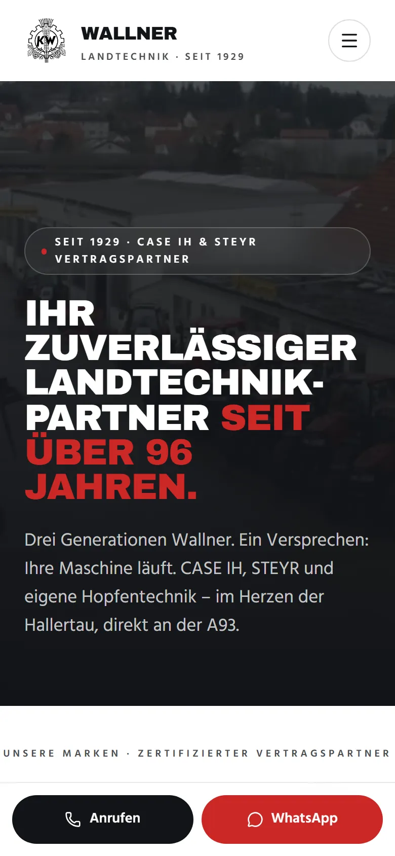 Wallner Landtechnik Startseite mit Traktor im Hopfengarten, mobile Ansicht