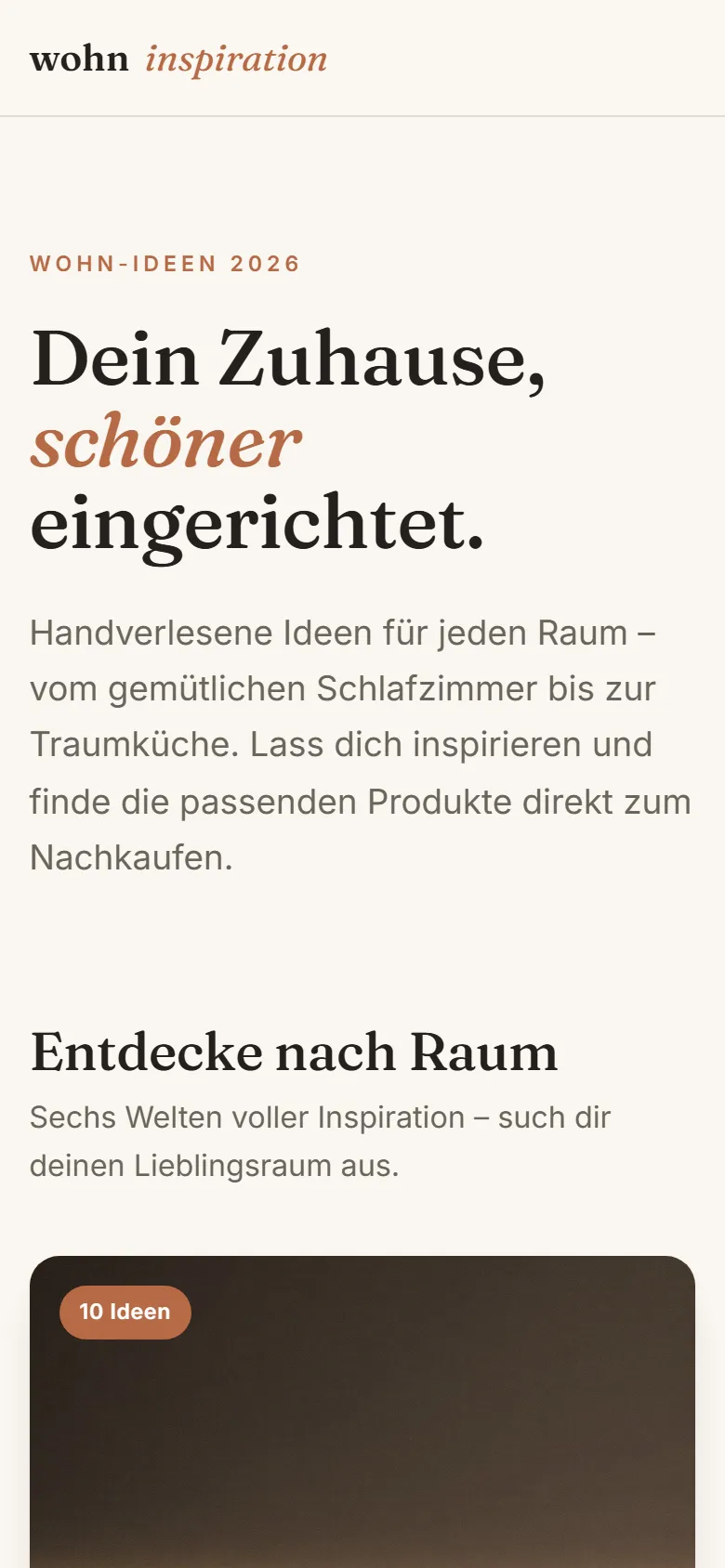 Inspirationsseite wohnen.limmernet.de mit Raumübersicht, mobile Ansicht