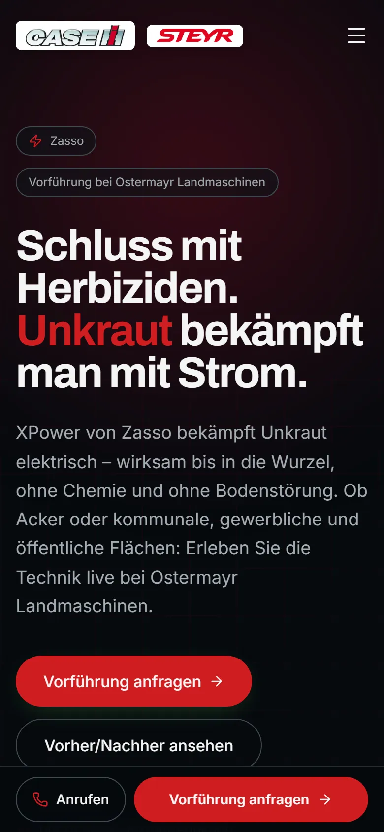 XPower Vorführ-Landingpage im CASE IH Design, mobile Ansicht